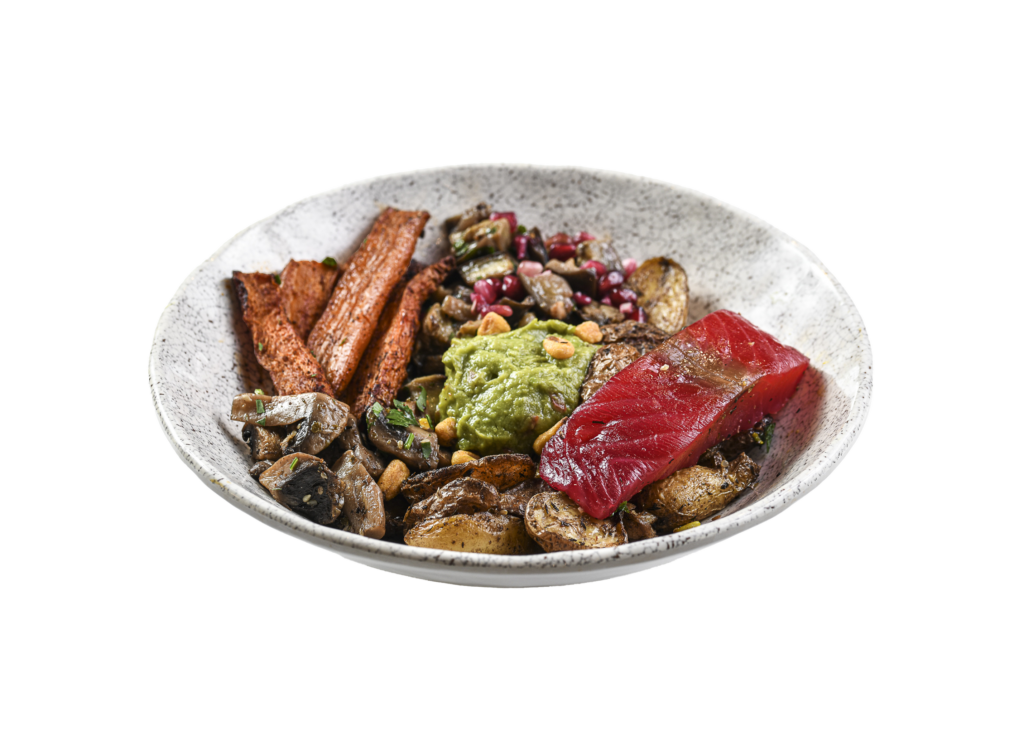 Bol de saumon et légumes colorés